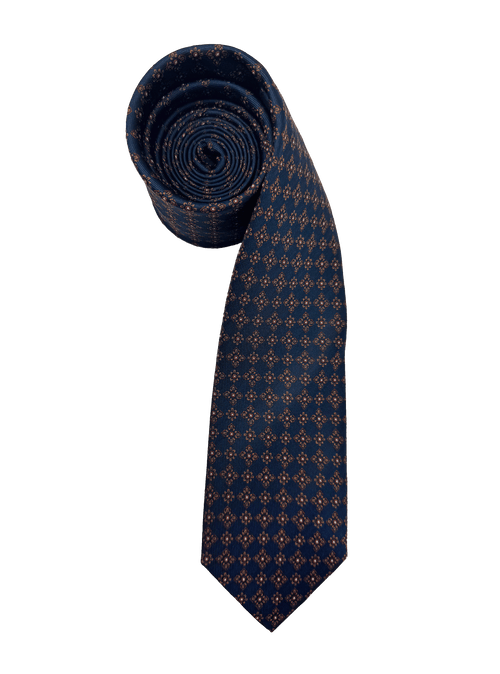 Navy Orange Tile Print Silk Tie