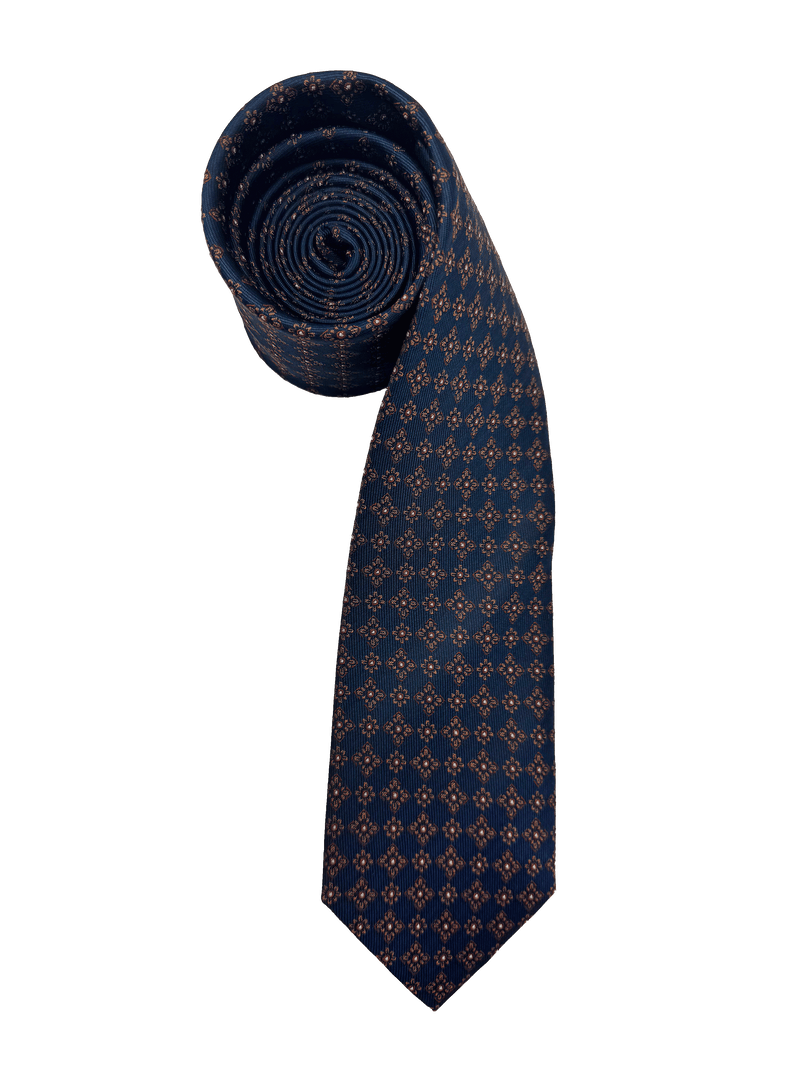 Navy Orange Tile Print Silk Tie