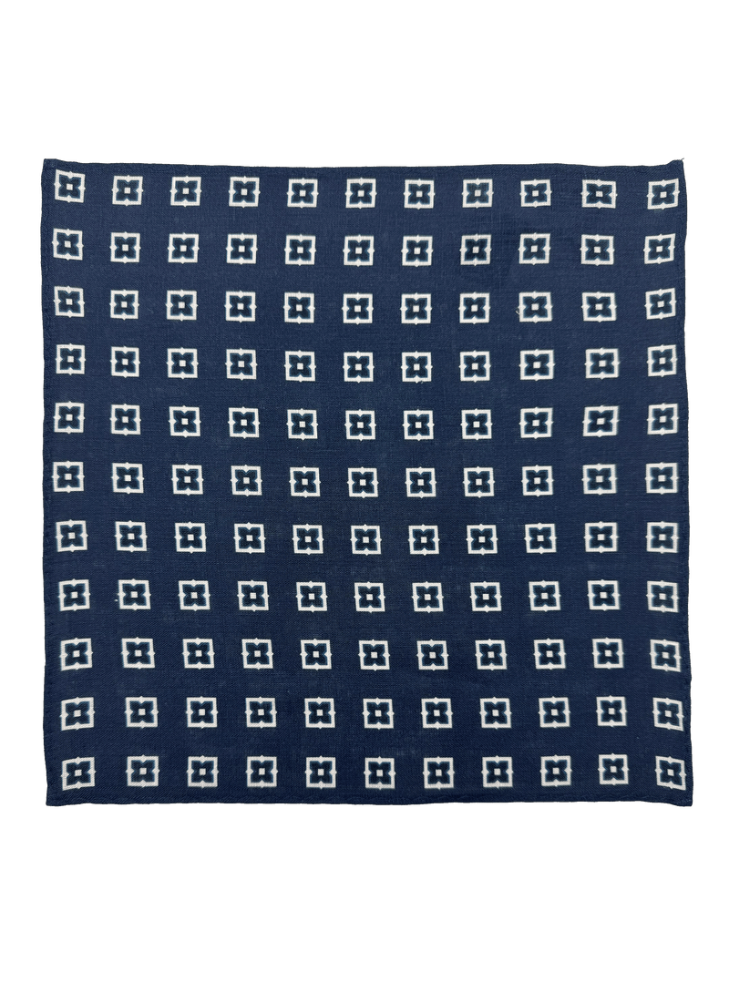 Navy Tile Print Linen Pocket Square
